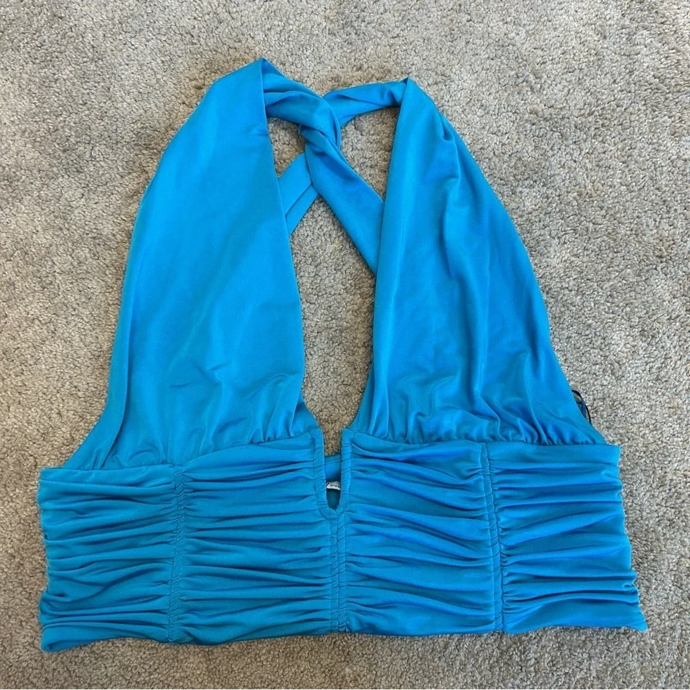 Zara blue ruched deep plunge V-neck halter crop top crisscross open back Sz XL - Picture 6 of 13